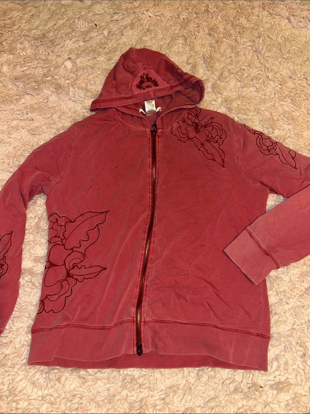 Vintage Vertigo Paris Pink Embroidered Zip-Up Hoodie with Heart Charm